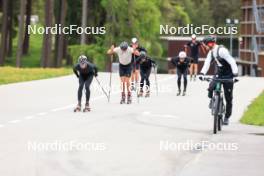 28.05.2024, Lenzerheide, Switzerland (SUI): Beda Klee (SUI), Nicola Wigger (SUI), Jason Rueesch (SUI), Janik Riebli (SUI), Erik Braten Guidon (NOR), coach Team Switzerland, (l-r) - Cross-Country training, Lenzerheide (SUI). www.nordicfocus.com. © Manzoni/NordicFocus. Every downloaded picture is fee-liable.