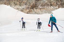 18.06.2024, Tignes, France (FRA): Flora Dolci (FRA), Léna Quintin (FRA), Alexandre Pouyé (FRA), Coach Team France, (l-r) - Cross-Country summer training, Tignes (FRA). www.nordicfocus.com. © Authamayou/NordicFocus. Every downloaded picture is fee-liable.