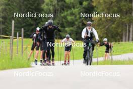 28.05.2024, Lenzerheide, Switzerland (SUI): Jason Rueesch (SUI), Beda Klee (SUI), Isai Naeff (SUI), Erik Braten Guidon (NOR), coach Team Switzerland, Silvan Hauser (SUI), (l-r) - Cross-Country training, Lenzerheide (SUI). www.nordicfocus.com. © Manzoni/NordicFocus. Every downloaded picture is fee-liable.