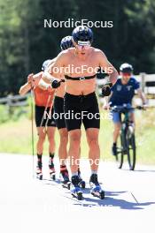 06.08.2024, Lenzerheide, Switzerland (SUI): Beda Klee (SUI), Nicola Wigger (SUI), Valerio Grond (SUI), (l-r) - Cross-Country summer training, Lenzerheide (SUI). www.nordicfocus.com. © Manzoni/NordicFocus. Every downloaded picture is fee-liable.