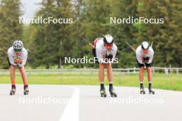 28.05.2024, Lenzerheide, Switzerland (SUI): Jon-Fadri Nufer (SUI), Noe Naeff (SUI), Isai Naeff (SUI), (l-r) - Cross-Country training, Lenzerheide (SUI). www.nordicfocus.com. © Manzoni/NordicFocus. Every downloaded picture is fee-liable.