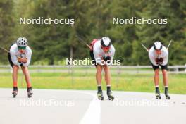 28.05.2024, Lenzerheide, Switzerland (SUI): Jon-Fadri Nufer (SUI), Noe Naeff (SUI), Isai Naeff (SUI), (l-r) - Cross-Country training, Lenzerheide (SUI). www.nordicfocus.com. © Manzoni/NordicFocus. Every downloaded picture is fee-liable.