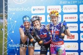 31.08.2024, Annecy, France (FRA): Victoria Carl (GER), Oceane Michelon (FRA), Marte Skaanes (NOR), (l-r) - Martin Fourcade Nordic Festival Cross-Country, Annecy (FRA). www.nordicfocus.com. © Thibaut/NordicFocus. Every downloaded picture is fee-liable.