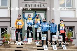 12.10.2024, Oberhof, Germany (GER): Terence Weber (GER), David Mach (GER), Wendelin Thannheimer (GER), Jakob Lange (GER), Manuel Faisst (GER), Jan Andersen (GER), (l-r) - German Championships Nordic Combined men and women, individual gundersen HS140/10km men, Oberhof (GER). www.nordicfocus.com. © Volk/NordicFocus. Every downloaded picture is fee-liable.