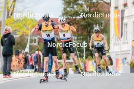 12.10.2024, Oberhof, Germany (GER): Matti Ebell (GER), Arne Hohlfeld (GER), Benedikt Graebert (GER), (l-r)  - German Championships Nordic Combined men and women, individual gundersen HS140/10km men, Oberhof (GER). www.nordicfocus.com. © Volk/NordicFocus. Every downloaded picture is fee-liable.