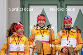 12.10.2024, Oberhof, Germany (GER): Nathalie Armbruster (GER), Jenny Nowak (GER), Svenja Wuerth (GER), (l-r) - German Championships Nordic Combined men and women, individual gundersen HS100/5km women, Oberhof (GER). www.nordicfocus.com. © Volk/NordicFocus. Every downloaded picture is fee-liable.