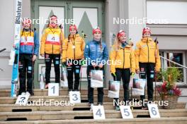 12.10.2024, Oberhof, Germany (GER): Trine Goepfert (GER), Nathalie Armbruster (GER), Anne Haeckel (GER), Ronja Loh (GER), Magdalena Burger (GER), Sofia Eggensberger (GER), (l-r) - German Championships Nordic Combined men and women, individual gundersen HS100/5km women, Oberhof (GER). www.nordicfocus.com. © Volk/NordicFocus. Every downloaded picture is fee-liable.