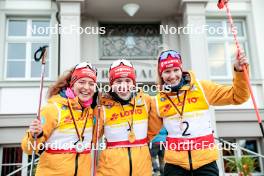 12.10.2024, Oberhof, Germany (GER): Nathalie Armbruster (GER), Jenny Nowak (GER), Svenja Wuerth (GER), (l-r) - German Championships Nordic Combined men and women, individual gundersen HS100/5km women, Oberhof (GER). www.nordicfocus.com. © Volk/NordicFocus. Every downloaded picture is fee-liable.