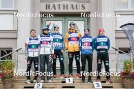 13.10.2024, Oberhof, Germany (GER): Manuel Faisst (GER), Jan Andersen (GER), David Mach (GER), Wendelin Thannheimer (GER), Jakob Lange (GER), Julian Schmid (GER), (l-r) - German Championships Nordic Combined men and women, team sprint  HS140/15km men, Oberhof (GER). www.nordicfocus.com. © Volk/NordicFocus. Every downloaded picture is fee-liable.