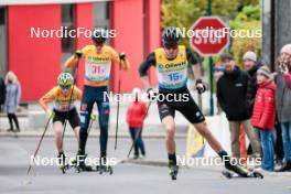 13.10.2024, Oberhof, Germany (GER): Marcel Dickhaut (GER), Thor-Arne Koch (GER), Terence Weber (GER), (l-r)  - German Championships Nordic Combined men and women, team sprint  HS140/15km men, Oberhof (GER). www.nordicfocus.com. © Volk/NordicFocus. Every downloaded picture is fee-liable.