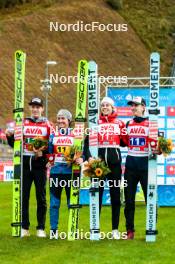 06.10.2024, Klingenthal, Germany (GER): Jan Hoerl (AUT), Jacqueline Seifriedsberger (AUT), Lisa Eder (AUT), Daniel Tschofenig (AUT), (l-r) - Summer Grand Prix ski jumping, mixed team HS140, Klingenthal (GER). www.nordicfocus.com. © Volk/NordicFocus. Every downloaded picture is fee-liable