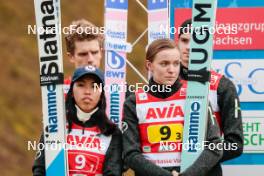 06.10.2024, Klingenthal, Germany (GER): Thea Minyan Bjoerseth (NOR), Halvor Egner Granerud (NOR), Eirin Maria Kvandal (NOR), Marius Lindvik (NOR), (l-r)  - Summer Grand Prix ski jumping, mixed team HS140, Klingenthal (GER). www.nordicfocus.com. © Volk/NordicFocus. Every downloaded picture is fee-liable