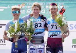 17.07.2024, Madona, Latvia (LAT): Flower ceremony, Carlo Cantaloni (ITA), Jonatan Lindberg (SWE), Davis Kalnins (LAT) - FIS Rollerski World Cup, interval, Madona (LAT). www.nordicfocus.com. © Koksarovs/NordicFocus. Every downloaded picture is fee-liable.