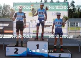 17.07.2024, Madona, Latvia (LAT): Flower ceremony, Martin Himma (EST), Matteo Tanel (ITA), Lorenzo Riccardo Masiero (ITA) - FIS Rollerski World Cup, interval, Madona (LAT). www.nordicfocus.com. © Koksarovs/NordicFocus. Every downloaded picture is fee-liable.