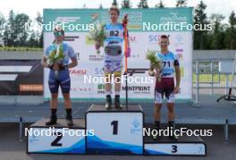 17.07.2024, Madona, Latvia (LAT): Flower ceremony, Carlo Cantaloni (ITA), Jonatan Lindberg (SWE), Davis Kalnins (LAT) - FIS Rollerski World Cup, interval, Madona (LAT). www.nordicfocus.com. © Koksarovs/NordicFocus. Every downloaded picture is fee-liable.