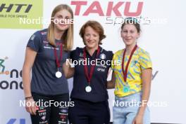 18.07.2024, Madona, Latvia (LAT): Medal ceremony, Johanna Holmberg (SWE),  Anna Maria Ghiddi (ITA), Daryna Myhal (UKR) - FIS Rollerski World Cup, interval, Madona (LAT). www.nordicfocus.com. © Koksarovs/NordicFocus. Every downloaded picture is fee-liable.