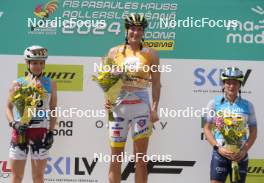 21.07.2024, Madona, Latvia (LAT): Flower ceremony, Patricija Eiduka (LAT), Linn Soemskar (SWE), Maria Boccardi (ITA)  - FIS Rollerski World Cup, mass, Madona (LAT). www.nordicfocus.com. © Koksarovs/NordicFocus. Every downloaded picture is fee-liable.