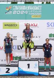 21.07.2024, Madona, Latvia (LAT): Medal ceremony, Patricija Eiduka (LAT), Linn Soemskar (SWE), Maria Boccardi (ITA)  - FIS Rollerski World Cup, mass, Madona (LAT). www.nordicfocus.com. © Koksarovs/NordicFocus. Every downloaded picture is fee-liable.