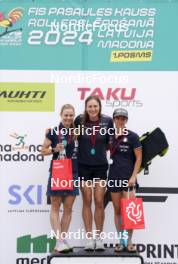 21.07.2024, Madona, Latvia (LAT): Medal ceremony, Patricija Eiduka (LAT), Linn Soemskar (SWE), Maria Boccardi (ITA)  - FIS Rollerski World Cup, mass, Madona (LAT). www.nordicfocus.com. © Koksarovs/NordicFocus. Every downloaded picture is fee-liable.