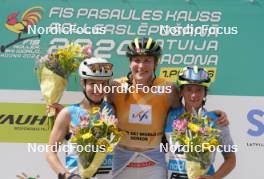 21.07.2024, Madona, Latvia (LAT): Flower ceremony, Patricija Eiduka (LAT), Linn Soemskar (SWE), Maria Boccardi (ITA)  - FIS Rollerski World Cup, mass, Madona (LAT). www.nordicfocus.com. © Koksarovs/NordicFocus. Every downloaded picture is fee-liable.