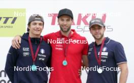 21.07.2024, Madona, Latvia (LAT): Medal ceremony, ceremony, Riccardo Masiero (ITA), Raimo Vigants (LAT), Tommaso Dellagiacoma (ITA) - FIS Rollerski World Cup, mass, Madona (LAT). www.nordicfocus.com. © Koksarovs/NordicFocus. Every downloaded picture is fee-liable.