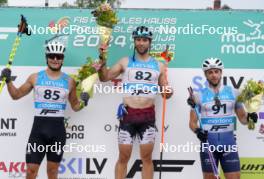 21.07.2024, Madona, Latvia (LAT): Flower ceremony, Riccardo Masiero (ITA), Raimo Vigants (LAT), Tommaso Dellagiacoma (ITA) - FIS Rollerski World Cup, mass, Madona (LAT). www.nordicfocus.com. © Koksarovs/NordicFocus. Every downloaded picture is fee-liable.