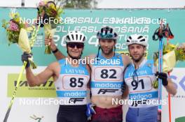 21.07.2024, Madona, Latvia (LAT): Flower ceremony, Riccardo Masiero (ITA), Raimo Vigants (LAT), Tommaso Dellagiacoma (ITA) - FIS Rollerski World Cup, mass, Madona (LAT). www.nordicfocus.com. © Koksarovs/NordicFocus. Every downloaded picture is fee-liable.