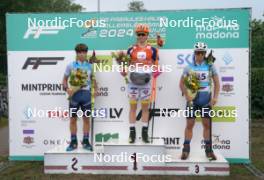 21.07.2024, Madona, Latvia (LAT): Flower ceremony,  Tommaso Tozzi (ITA), Jonatan Lindberg (SWE), Stefano Epis (ITA) - FIS Rollerski World Cup, mass, Madona (LAT). www.nordicfocus.com. © Koksarovs/NordicFocus. Every downloaded picture is fee-liable.