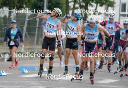 21.07.2024, Madona, Latvia (LAT): Dmitriy Kolomeyets (KAZ), Almas Karymov (KAZ), Hermann Skram Botterud (NOR) - FIS Rollerski World Cup, mass, Madona (LAT). www.nordicfocus.com. © Koksarovs/NordicFocus. Every downloaded picture is fee-liable.