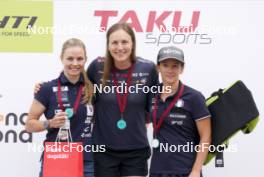 21.07.2024, Madona, Latvia (LAT): Medal ceremony, Patricija Eiduka (LAT), Linn Soemskar (SWE), Maria Boccardi (ITA)  - FIS Rollerski World Cup, mass, Madona (LAT). www.nordicfocus.com. © Koksarovs/NordicFocus. Every downloaded picture is fee-liable.