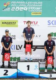 21.07.2024, Madona, Latvia (LAT): Medal ceremony,  Tommaso Tozzi (ITA), Jonatan Lindberg (SWE), Stefano Epis (ITA) - FIS Rollerski World Cup, mass, Madona (LAT). www.nordicfocus.com. © Koksarovs/NordicFocus. Every downloaded picture is fee-liable.