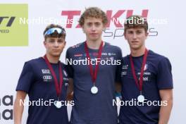 21.07.2024, Madona, Latvia (LAT): Medal ceremony,  Tommaso Tozzi (ITA), Jonatan Lindberg (SWE), Stefano Epis (ITA) - FIS Rollerski World Cup, mass, Madona (LAT). www.nordicfocus.com. © Koksarovs/NordicFocus. Every downloaded picture is fee-liable.