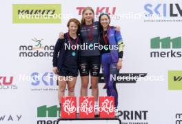 21.07.2024, Madona, Latvia (LAT): Medal ceremony, Anna Maria Ghiddi (ITA), Johanna Holmberg (SWE), Darya Kim (KAZ) - FIS Rollerski World Cup, mass, Madona (LAT). www.nordicfocus.com. © Koksarovs/NordicFocus. Every downloaded picture is fee-liable.