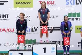 21.07.2024, Madona, Latvia (LAT): Medal ceremony, Anna Maria Ghiddi (ITA), Johanna Holmberg (SWE), Darya Kim (KAZ) - FIS Rollerski World Cup, mass, Madona (LAT). www.nordicfocus.com. © Koksarovs/NordicFocus. Every downloaded picture is fee-liable.