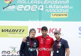 21.07.2024, Madona, Latvia (LAT): Medal ceremony, ceremony, Riccardo Masiero (ITA), Raimo Vigants (LAT), Tommaso Dellagiacoma (ITA) - FIS Rollerski World Cup, mass, Madona (LAT). www.nordicfocus.com. © Koksarovs/NordicFocus. Every downloaded picture is fee-liable.