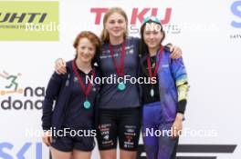 21.07.2024, Madona, Latvia (LAT): Medal ceremony, Anna Maria Ghiddi (ITA), Johanna Holmberg (SWE), Darya Kim (KAZ) - FIS Rollerski World Cup, mass, Madona (LAT). www.nordicfocus.com. © Koksarovs/NordicFocus. Every downloaded picture is fee-liable.