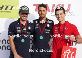 20.07.2024, Madona, Latvia (LAT): Medal ceremony, Michele Valerio (ITA), Emanuele Becchis (ITA), Lauris Kaparkalejs (LAT)- FIS Rollerski World Cup, sprint, Madona (LAT). www.nordicfocus.com. © Koksarovs/NordicFocus. Every downloaded picture is fee-liable.