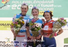 20.07.2024, Madona, Latvia (LAT): Flower ceremony, Johanna Holmberg (SWE), Linda Kaparkaleja (LAT), Anna Maria Ghiddi (ITA) - FIS Rollerski World Cup, sprint, Madona (LAT). www.nordicfocus.com. © Koksarovs/NordicFocus. Every downloaded picture is fee-liable.