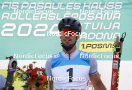 20.07.2024, Madona, Latvia (LAT): Flower ceremony,  Emanuele Becchis (ITA) - FIS Rollerski World Cup, sprint, Madona (LAT). www.nordicfocus.com. © Koksarovs/NordicFocus. Every downloaded picture is fee-liable.