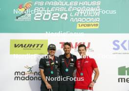 20.07.2024, Madona, Latvia (LAT): Medal ceremony, Michele Valerio (ITA), Emanuele Becchis (ITA), Lauris Kaparkalejs (LAT)- FIS Rollerski World Cup, sprint, Madona (LAT). www.nordicfocus.com. © Koksarovs/NordicFocus. Every downloaded picture is fee-liable.