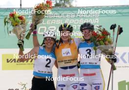 20.07.2024, Madona, Latvia (LAT): Flower ceremony, Tena Hadzic (CRO), Linn Soemskar (SWE), Ebba Stenman (SWE) - FIS Rollerski World Cup, sprint, Madona (LAT). www.nordicfocus.com. © Koksarovs/NordicFocus. Every downloaded picture is fee-liable.