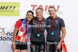 20.07.2024, Madona, Latvia (LAT): Medal ceremony, Tena Hadzic (CRO), Linn Soemskar (SWE), Ebba Stenman (SWE) - FIS Rollerski World Cup, sprint, Madona (LAT). www.nordicfocus.com. © Koksarovs/NordicFocus. Every downloaded picture is fee-liable.