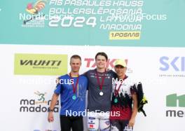 20.07.2024, Madona, Latvia (LAT): Medal ceremony, Bohdan Nikulin (UKR), Ville Jutterdal (SWE), Davis Kalnins (LAT) - FIS Rollerski World Cup, sprint, Madona (LAT). www.nordicfocus.com. © Koksarovs/NordicFocus. Every downloaded picture is fee-liable.