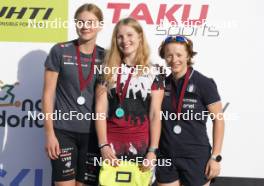 20.07.2024, Madona, Latvia (LAT): Medal ceremony, Johanna Holmberg (SWE), Linda Kaparkaleja (LAT), Anna Maria Ghiddi (ITA) - FIS Rollerski World Cup, sprint, Madona (LAT). www.nordicfocus.com. © Koksarovs/NordicFocus. Every downloaded picture is fee-liable.