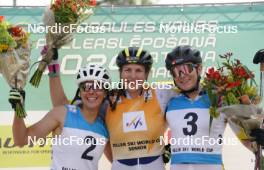 20.07.2024, Madona, Latvia (LAT): Flower ceremony, Tena Hadzic (CRO), Linn Soemskar (SWE), Ebba Stenman (SWE) - FIS Rollerski World Cup, sprint, Madona (LAT). www.nordicfocus.com. © Koksarovs/NordicFocus. Every downloaded picture is fee-liable.