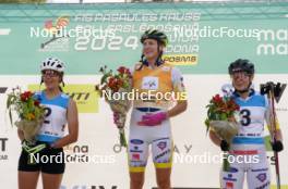 20.07.2024, Madona, Latvia (LAT): Flower ceremony, Tena Hadzic (CRO), Linn Soemskar (SWE), Ebba Stenman (SWE) - FIS Rollerski World Cup, sprint, Madona (LAT). www.nordicfocus.com. © Koksarovs/NordicFocus. Every downloaded picture is fee-liable.