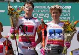 18.07.2024, Madona, Latvia (LAT): Flower ceremony,  Ville Jutterdal (SWE), Jonahan Lindberg (SWE) - FIS Rollerski World Cup, team sprint, Madona (LAT). www.nordicfocus.com. © Koksarovs/NordicFocus. Every downloaded picture is fee-liable.