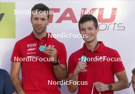 18.07.2024, Madona, Latvia (LAT): Medal ceremony, Raimo Vigants (LAT), Lauris Kaparkalejs (LAT), - FIS Rollerski World Cup, team sprint, Madona (LAT). www.nordicfocus.com. © Koksarovs/NordicFocus. Every downloaded picture is fee-liable.