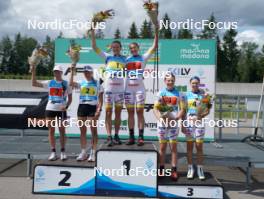 18.07.2024, Madona, Latvia (LAT): Flower ceremony,  Keidy Kaasiku (EST), Kaidy Kaasiku (EST), Linn Soemskar (SWE), Ebba Stenman (SWE), Johanna Holmberg (SWE), Ella Selmosson (SWE) - FIS Rollerski World Cup, team sprint, Madona (LAT). www.nordicfocus.com. © Koksarovs/NordicFocus. Every downloaded picture is fee-liable.