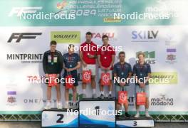 18.07.2024, Madona, Latvia (LAT): Medal ceremony, Andreas Bergsland (NOR), Hermann Skram Botterud (NOR), Raimo Vigants (LAT), Lauris Kaparkalejs (LAT), Simon Karlsson (SWE), Erik Fransson (SWE) - FIS Rollerski World Cup, team sprint, Madona (LAT). www.nordicfocus.com. © Koksarovs/NordicFocus. Every downloaded picture is fee-liable.